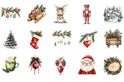 Winter Christmas Clipart PNG Bundle | Snowy Christmas Village, Trees, Barn, Santa, Nutcracker, Gifts & Winter Decor