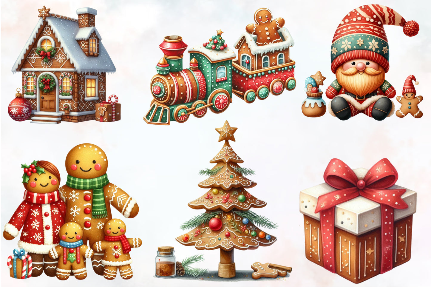 Christmas Gingerbread PNG Clipart Bundle | Watercolor Gingerbread Man, Cookies, Houses & Christmas Characters