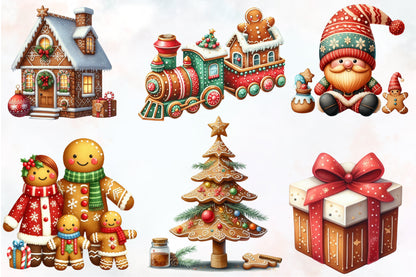 Christmas Gingerbread PNG Clipart Bundle | Watercolor Gingerbread Man, Cookies, Houses & Christmas Characters