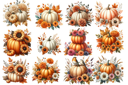 Fall Pumpkin Flowers PNG Bundle | Floral Pumpkin Clipart, Sunflower Pumpkin PNG,