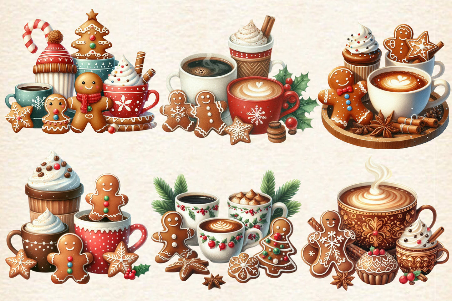 Christmas Gingerbread Coffee PNG Clipart Bundle | Watercolor Gingerbread Man Coffee Mugs, Cocoa & Holiday Treats