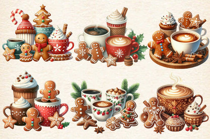 Christmas Gingerbread Coffee PNG Clipart Bundle | Watercolor Gingerbread Man Coffee Mugs, Cocoa & Holiday Treats