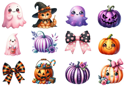 Retro Fall Halloween Watercolor Clipart PNG Bundle | Cute Halloween Clipart | Retro Halloween Sublimation PNG
