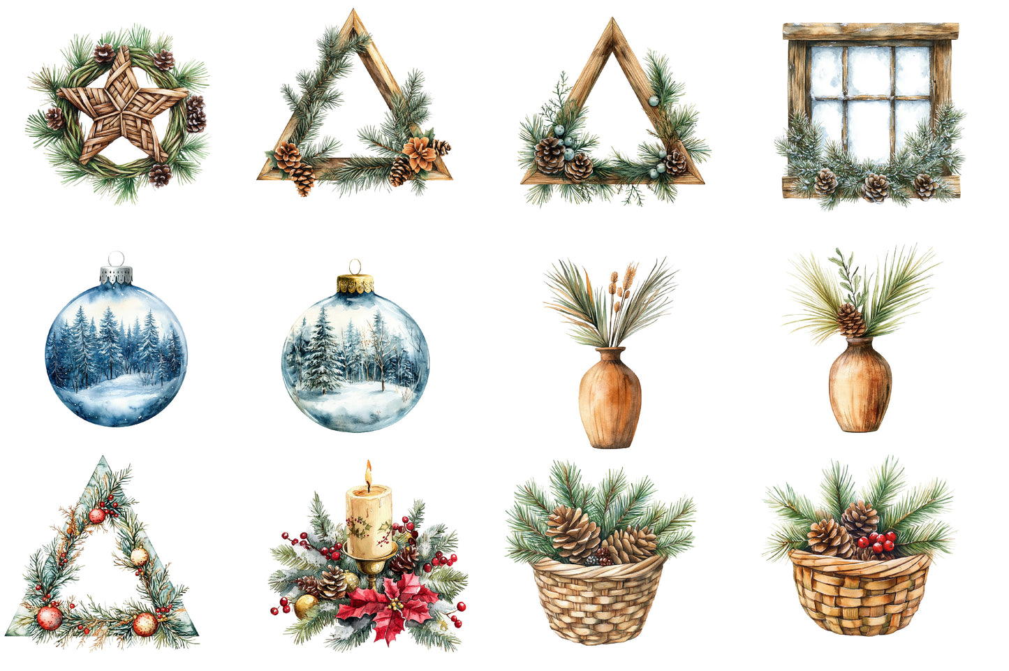 Boho Christmas Clipart PNG Bundle | Neutral Watercolor Christmas Clipart | Rustic Bohemian Holiday PNG