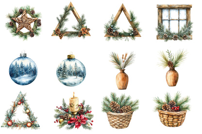 Boho Christmas Clipart PNG Bundle | Neutral Watercolor Christmas Clipart | Rustic Bohemian Holiday PNG