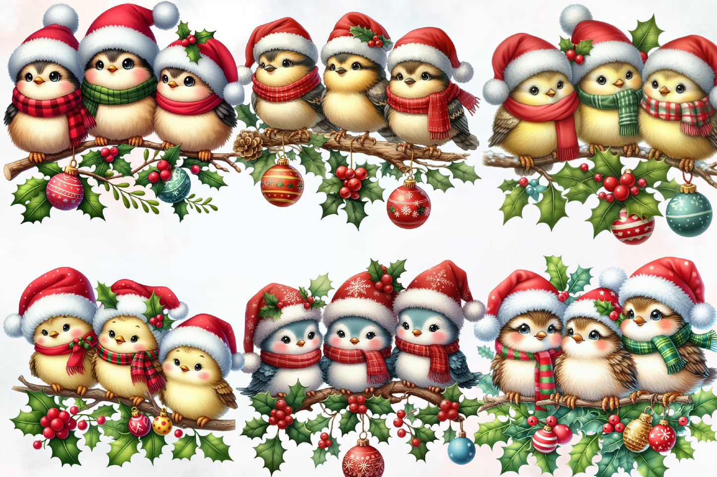Christmas Birds Clipart PNG Bundle | Cute Watercolor Christmas Bird, Santa Hat Bird, Winter Bird & Holly Berry Designs