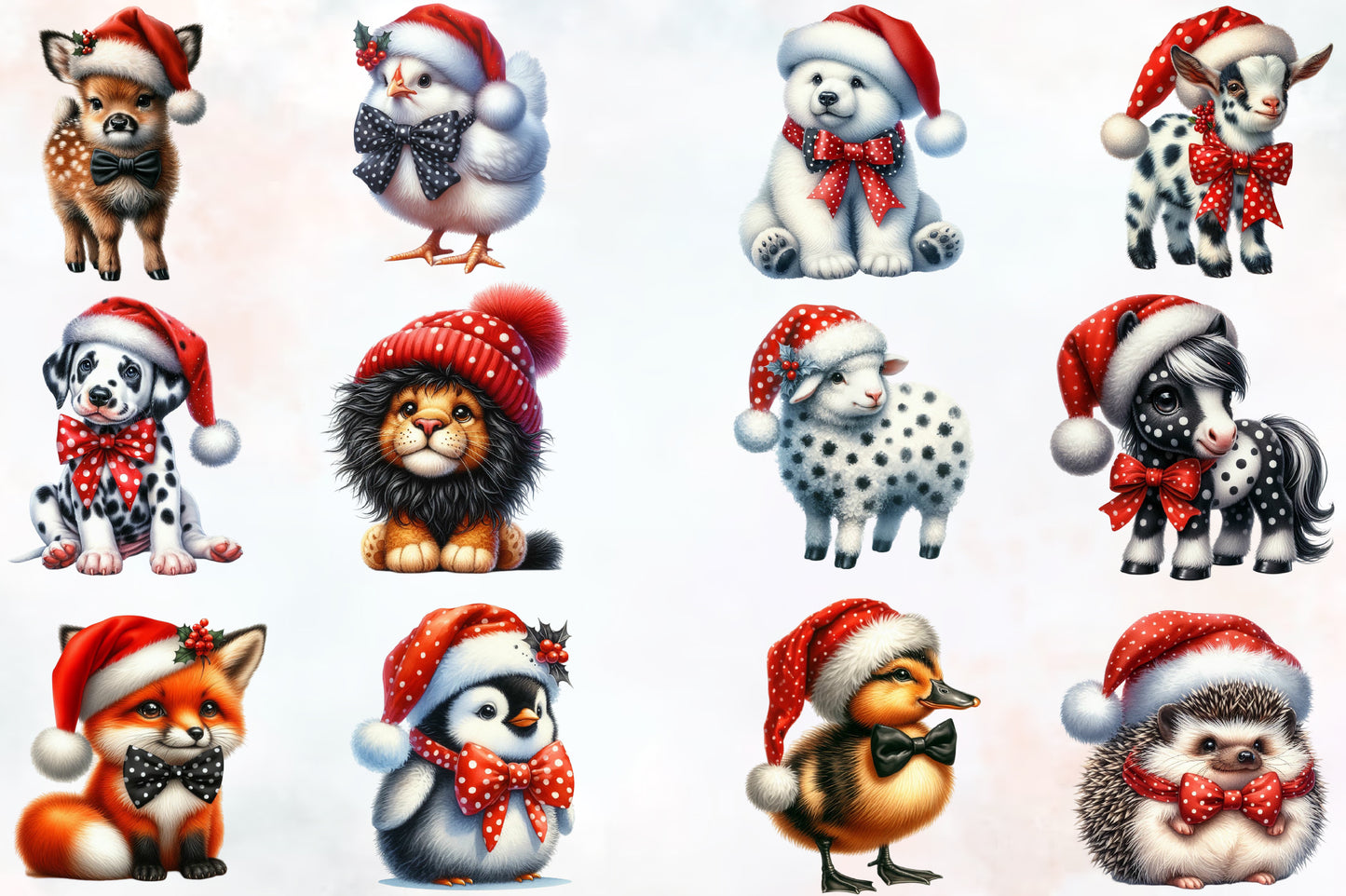 Christmas Animals PNG Clipart Bundle | Watercolor Cute Holiday Animals, Santa Hats, Bows & Festive Winter Designs