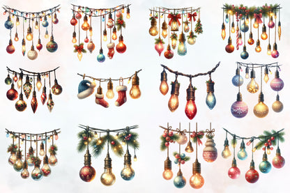 27 Christmas Lights PNG Watercolor Clipart Bundle Holiday Light Set