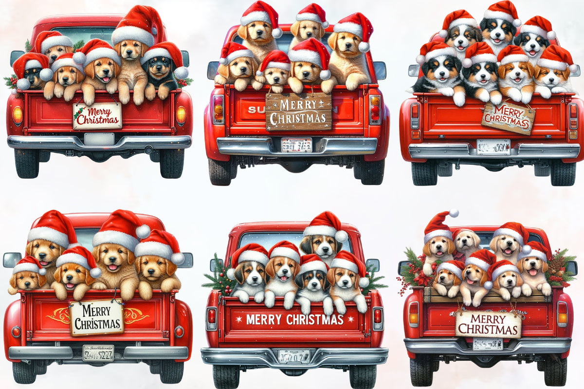 18 Christmas Dogs in Red Truck PNG Clipart Bundle Watercolor Cute Holiday