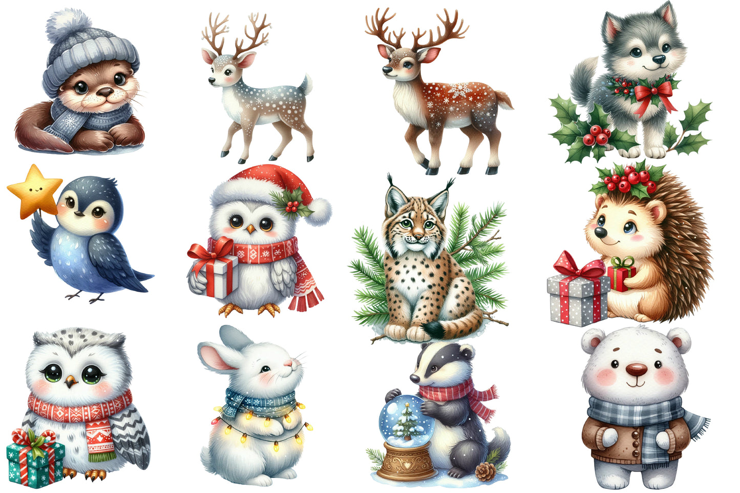 Christmas Animals Sublimation Clipart PNG Bundle | Watercolor Cute Holiday Animal Clipart | Festive Christmas Animals PNG