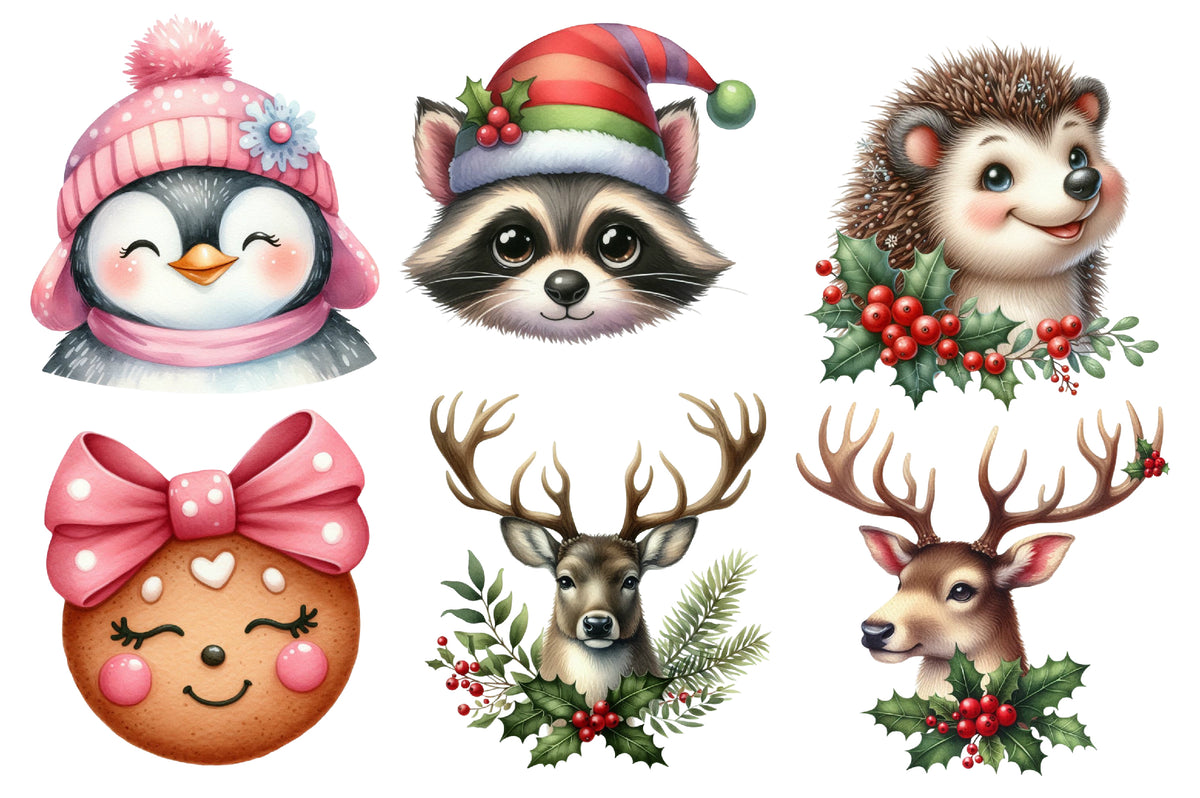 Cute Christmas Heads Clipart PNG Bundle | Santa, Snowman, Reindeer, Fox, Penguin, Deer, Bear & Gingerbread Holiday Characters