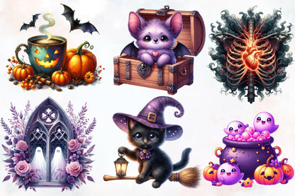 13 Watercolor Halloween Sublimation PNG Bundle Cute Witch Cat Spooky Clipart