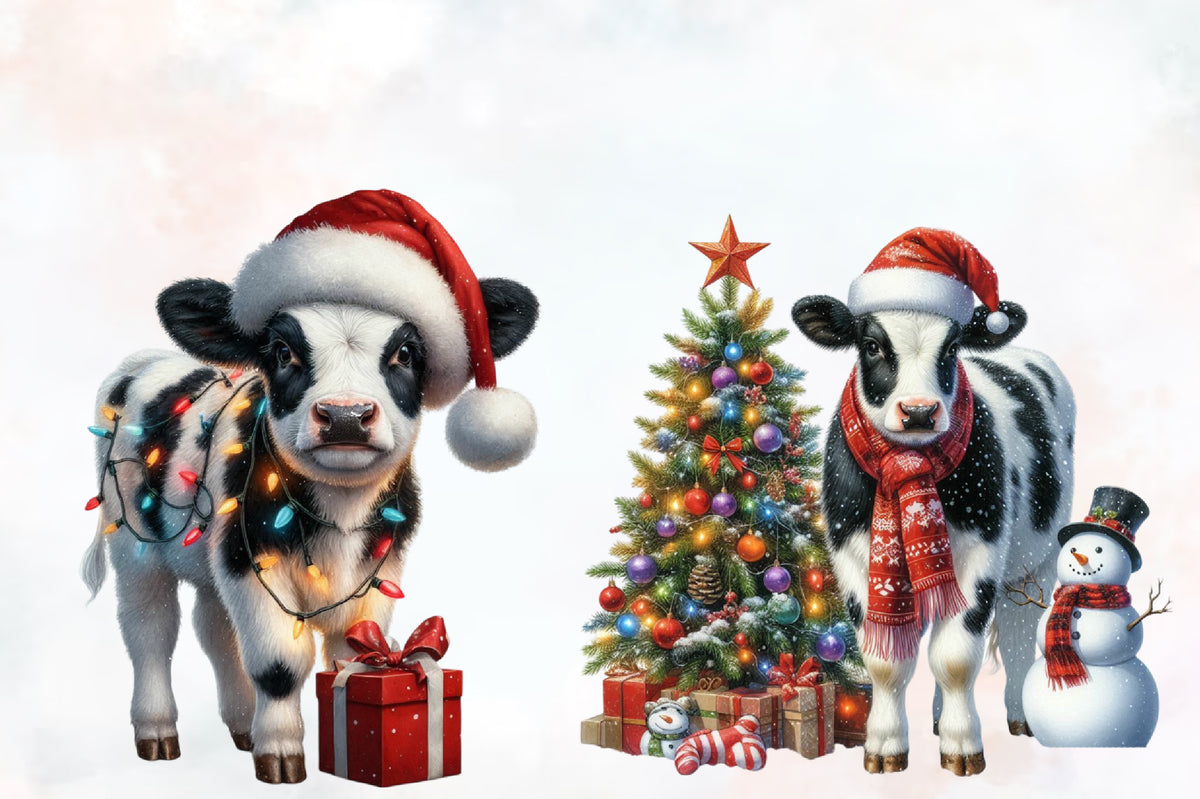 Christmas Cows PNG Clipart Bundle Watercolor Santa Cow Holiday Farm Animal