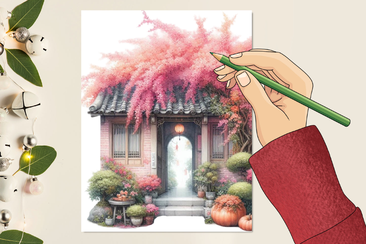 12 Watercolor Pink Autumn Doors PNG Bundle Korean House Fall Clipart