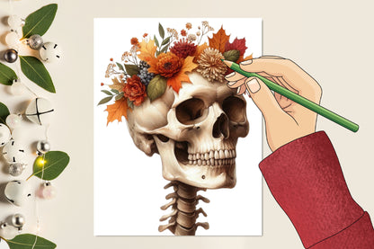 24 Watercolor Autumn Skeleton PNG Fall Skull Clipart