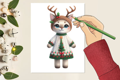 Christmas Cat Sublimation PNG Clipart Bundle | Watercolor Crochet Christmas Cats with Reindeer Antlers, Knitted Dresses & Holiday Hats