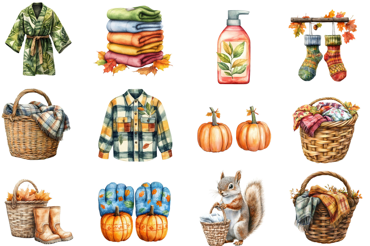 Autumn Laundry Clipart PNG Bundle | Fall Cozy Laundry Watercolor Clipart | Rustic Clothing Sublimation PNG
