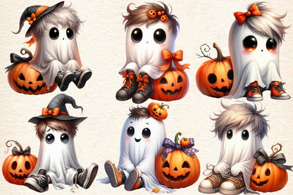 27 Watercolor Spooky Halloween Ghost PNG Clipart Bundle Cute Pumpkin