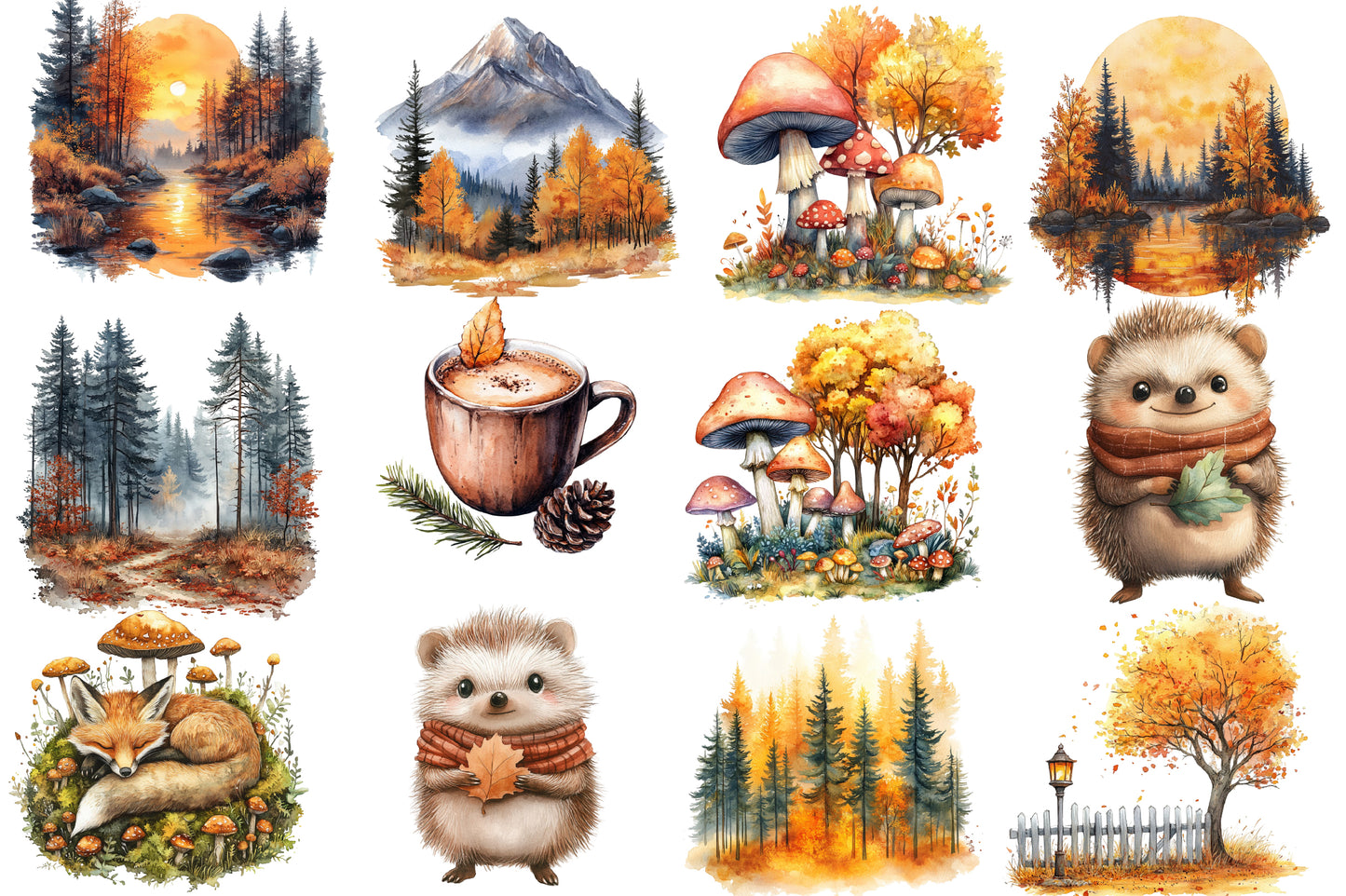 Autumn Nature Clipart PNG Bundle | Watercolor Fall Woodland Nature Clipart | Cozy Harvest Botanical PNG