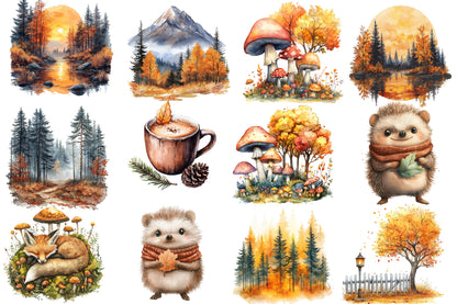 Autumn Nature Clipart PNG Bundle | Watercolor Fall Woodland Nature Clipart | Cozy Harvest Botanical PNG