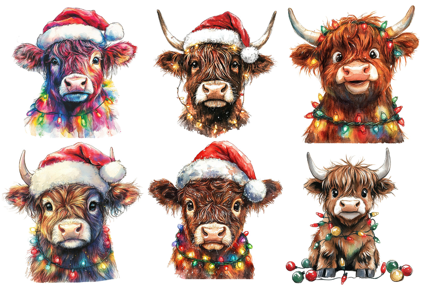 Christmas Highland Cow Clipart PNG Bundle | Watercolor Festive Highland Cow Clipart | Farmhouse Christmas Sublimation PNG