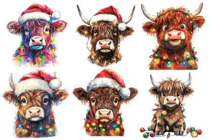 Christmas Highland Cow Clipart PNG Bundle | Watercolor Festive Highland Cow Clipart | Farmhouse Christmas Sublimation PNG