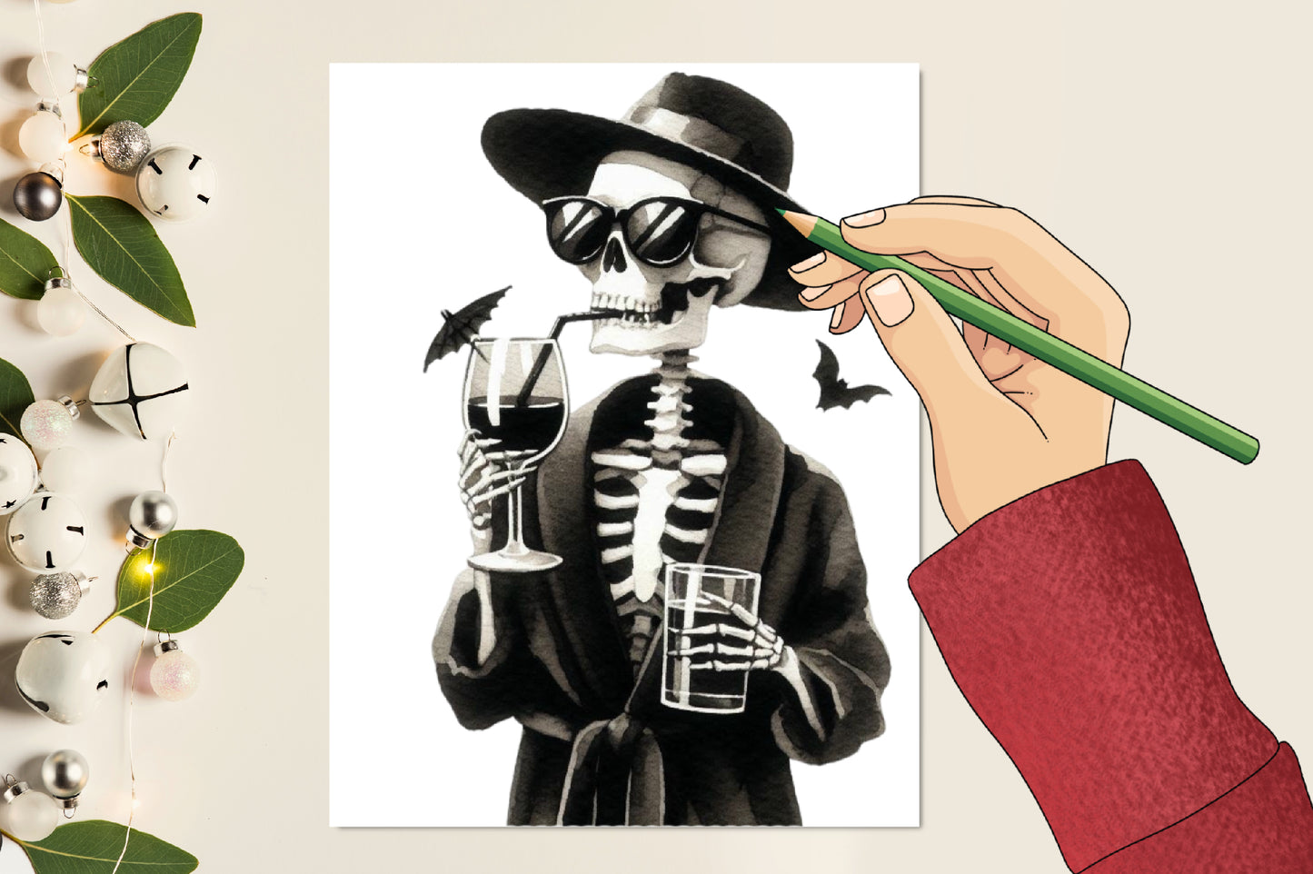 26 Watercolor Halloween Drinking Skeleton PNG Bundle Gothic Spooky Skeleton Clipart