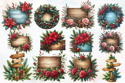 Watercolor Christmas Wooden Signs PNG Bundle Rustic Holiday Signs