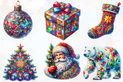 Stained Glass Christmas PNG Bundle 18 Watercolor Holiday Clipart