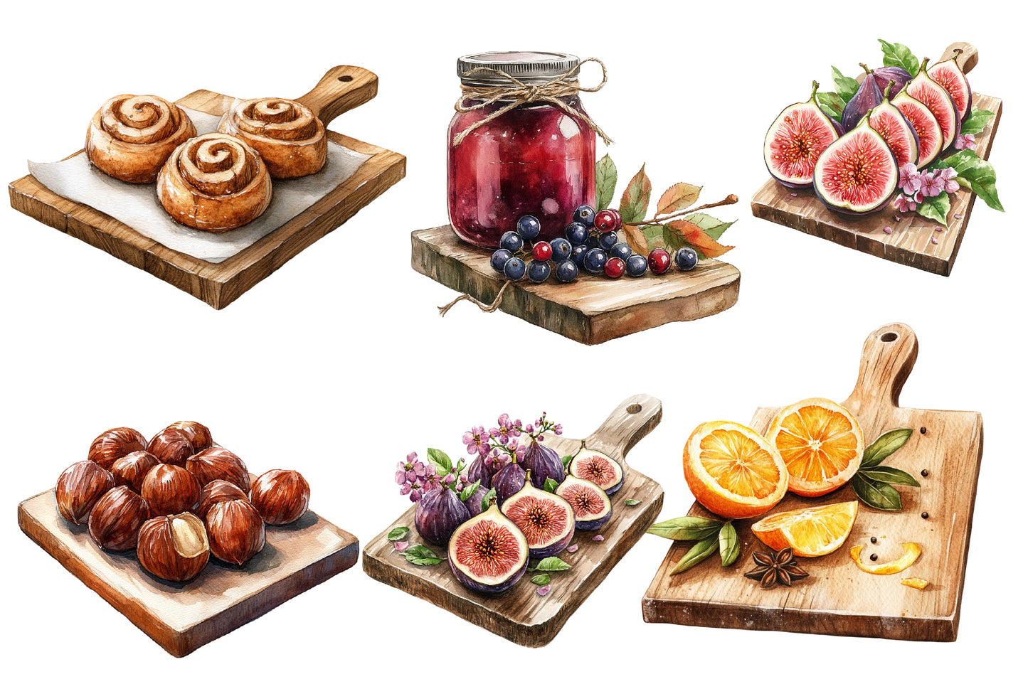 Watercolor Autumn Cutting Board Clipart PNG Bundle | Fall Kitchen, Pumpkin, Apple, Sunflower & Farmhouse Cooking PNG