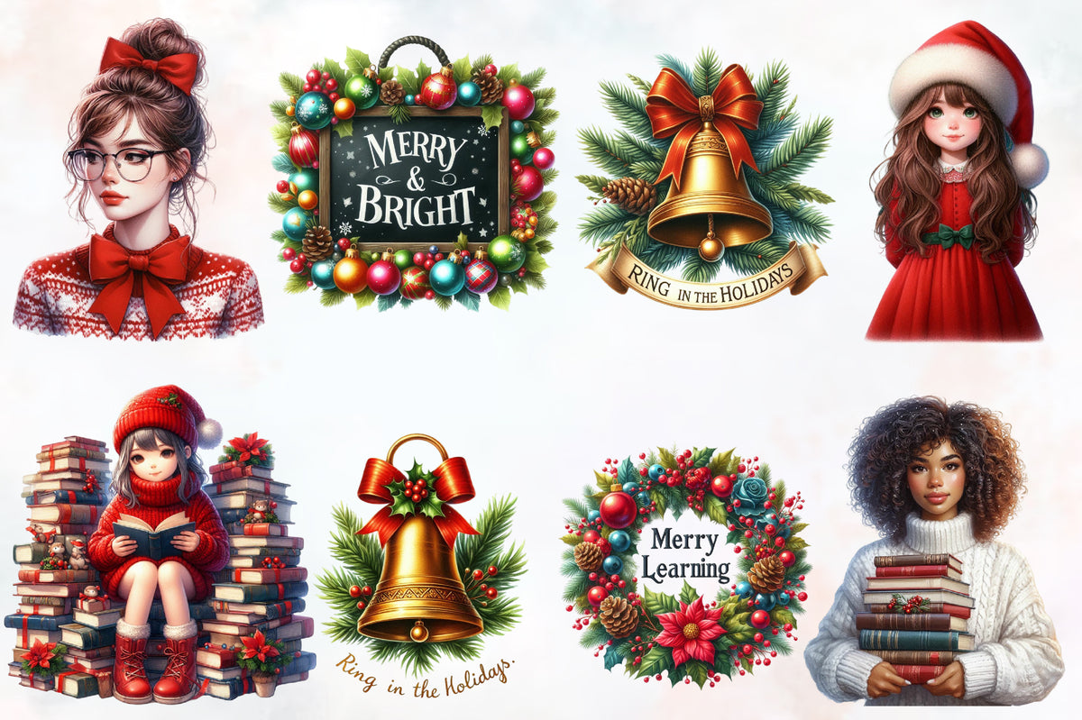 23 Christmas School PNG Bundle, Watercolor Teacher Student Holiday Sublimation