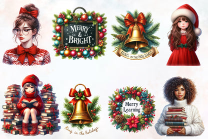 23 Christmas School PNG Bundle, Watercolor Teacher Student Holiday Sublimation
