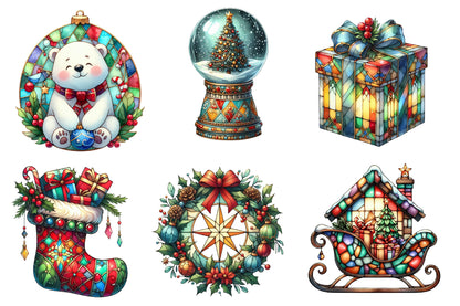 Christmas Stained Glass PNG Bundle | Watercolor Stained Glass Christmas Clipart | Festive Holiday Window Sublimation PNG