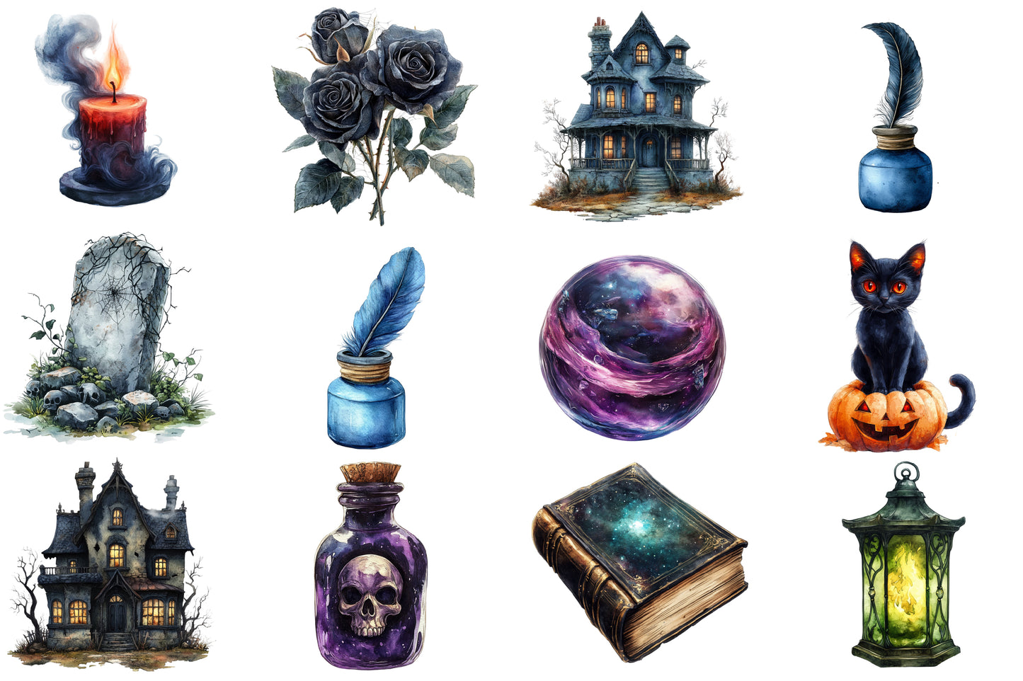 Dark Halloween PNG Bundle | Gothic Halloween Clipart, Black Cat, Skull, Haunted House, Pumpkin & Witch PNG