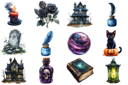 Dark Halloween PNG Bundle | Gothic Halloween Clipart, Black Cat, Skull, Haunted House, Pumpkin & Witch PNG