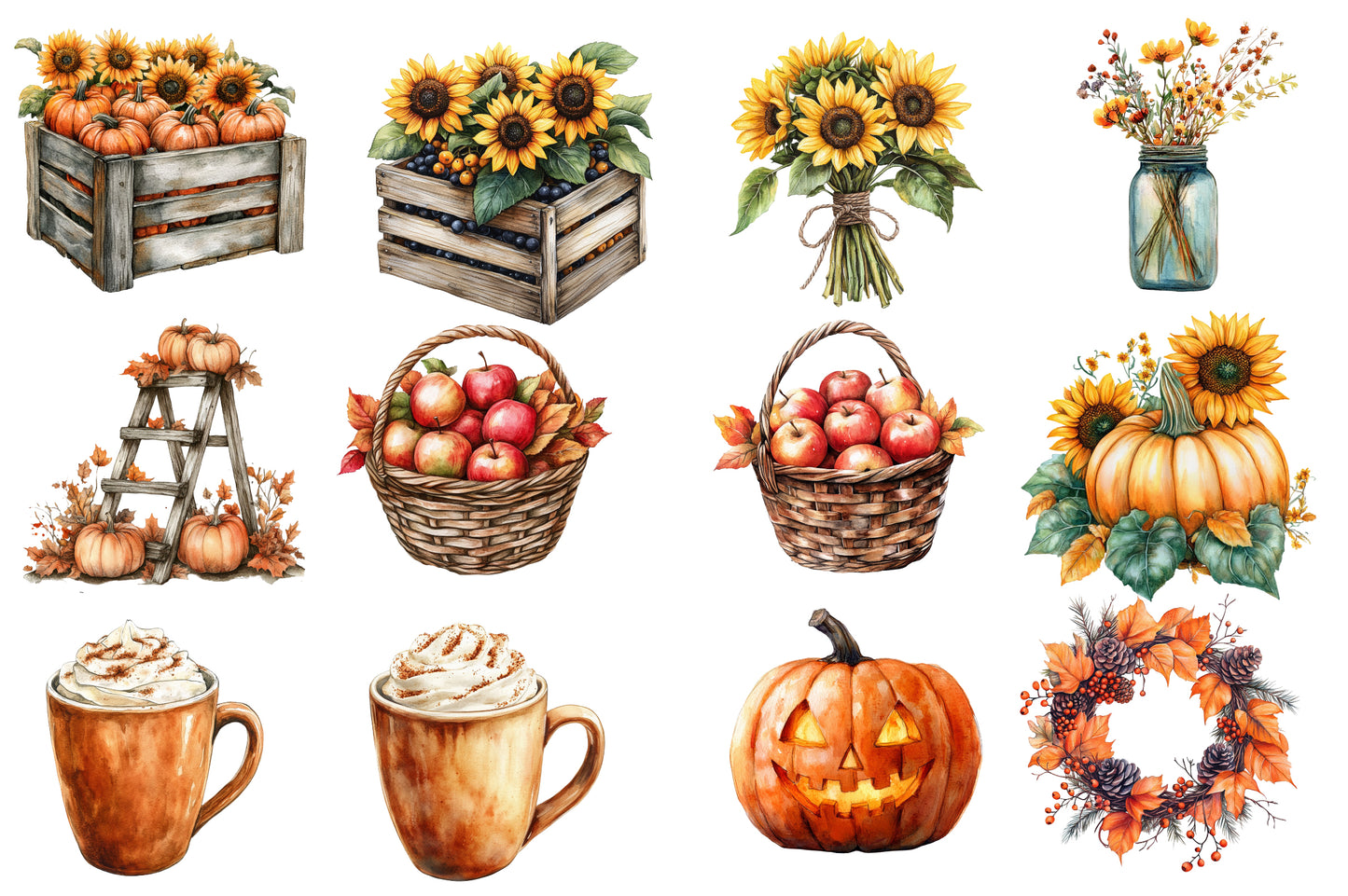 Falling Autumn Clipart PNG Bundle | Fall Pumpkin Clipart, Sunflower PNG,