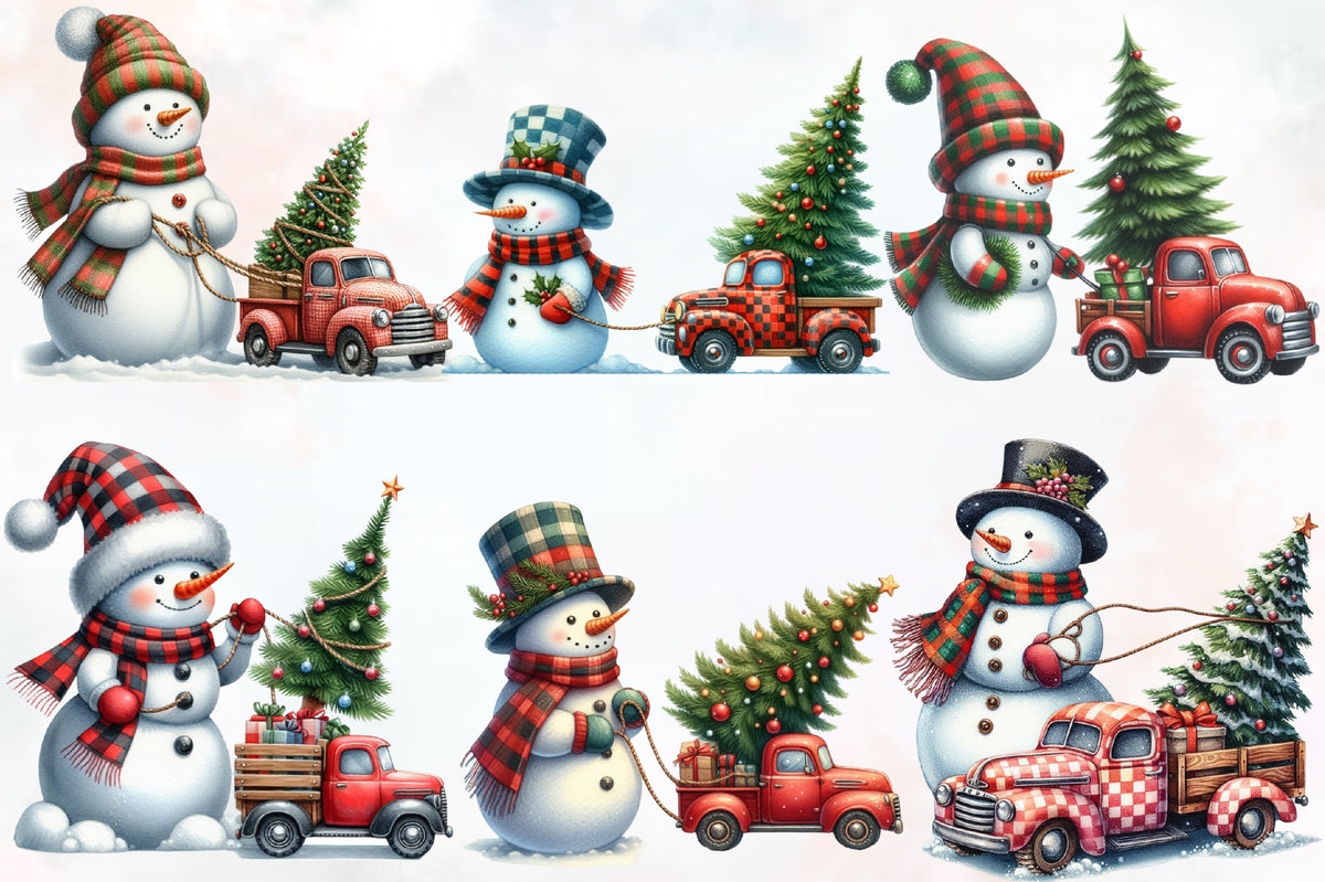 Watercolor Christmas Truck & Snowman PNG Bundle 26 Holiday Designs