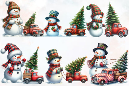 Watercolor Christmas Truck & Snowman PNG Bundle 26 Holiday Designs