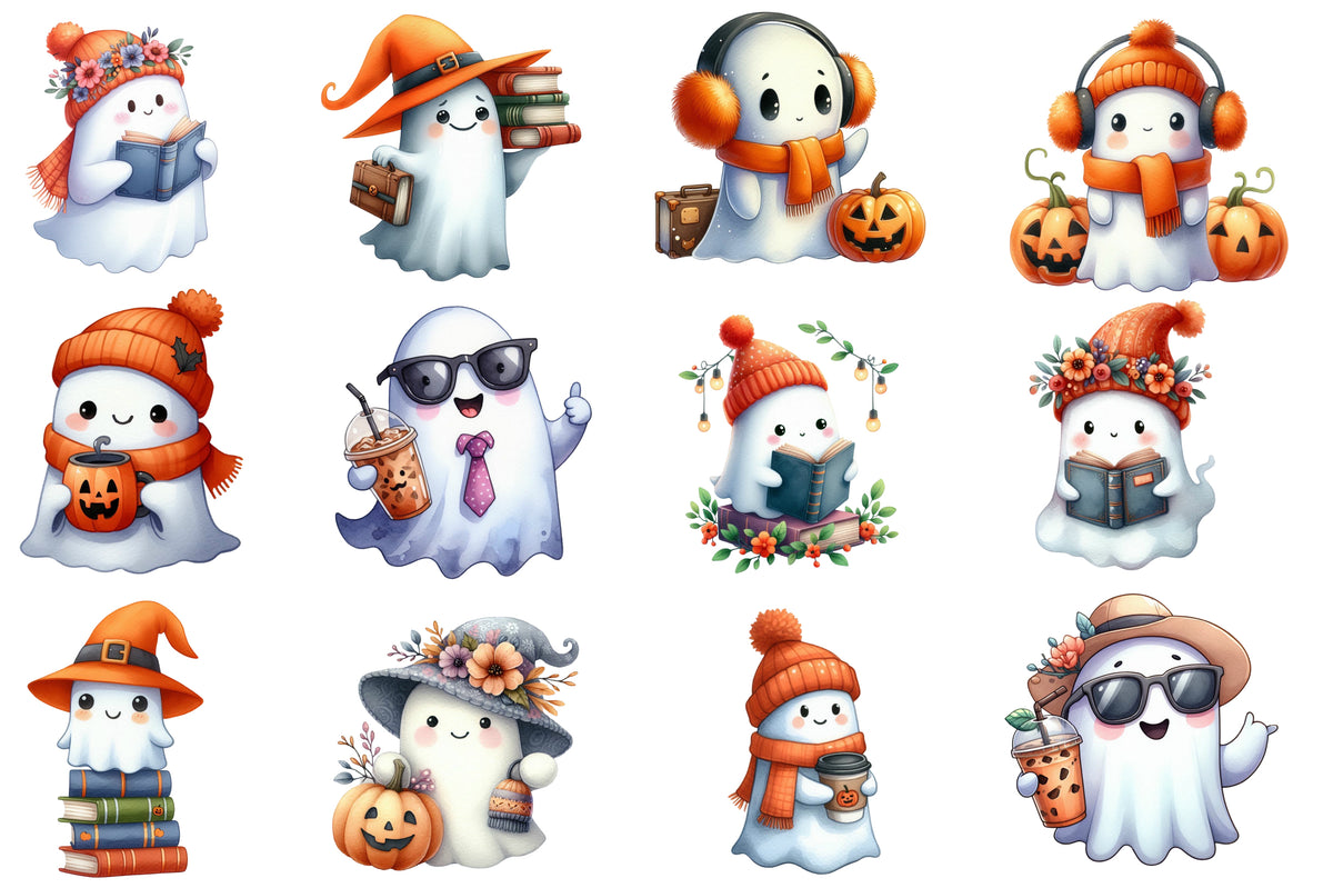 Funny Halloween Ghost Clipart PNG Bundle | Cute Ghost PNG, Kawaii Halloween Ghost, Cozy Fall Ghost, Ghost Sublimation,