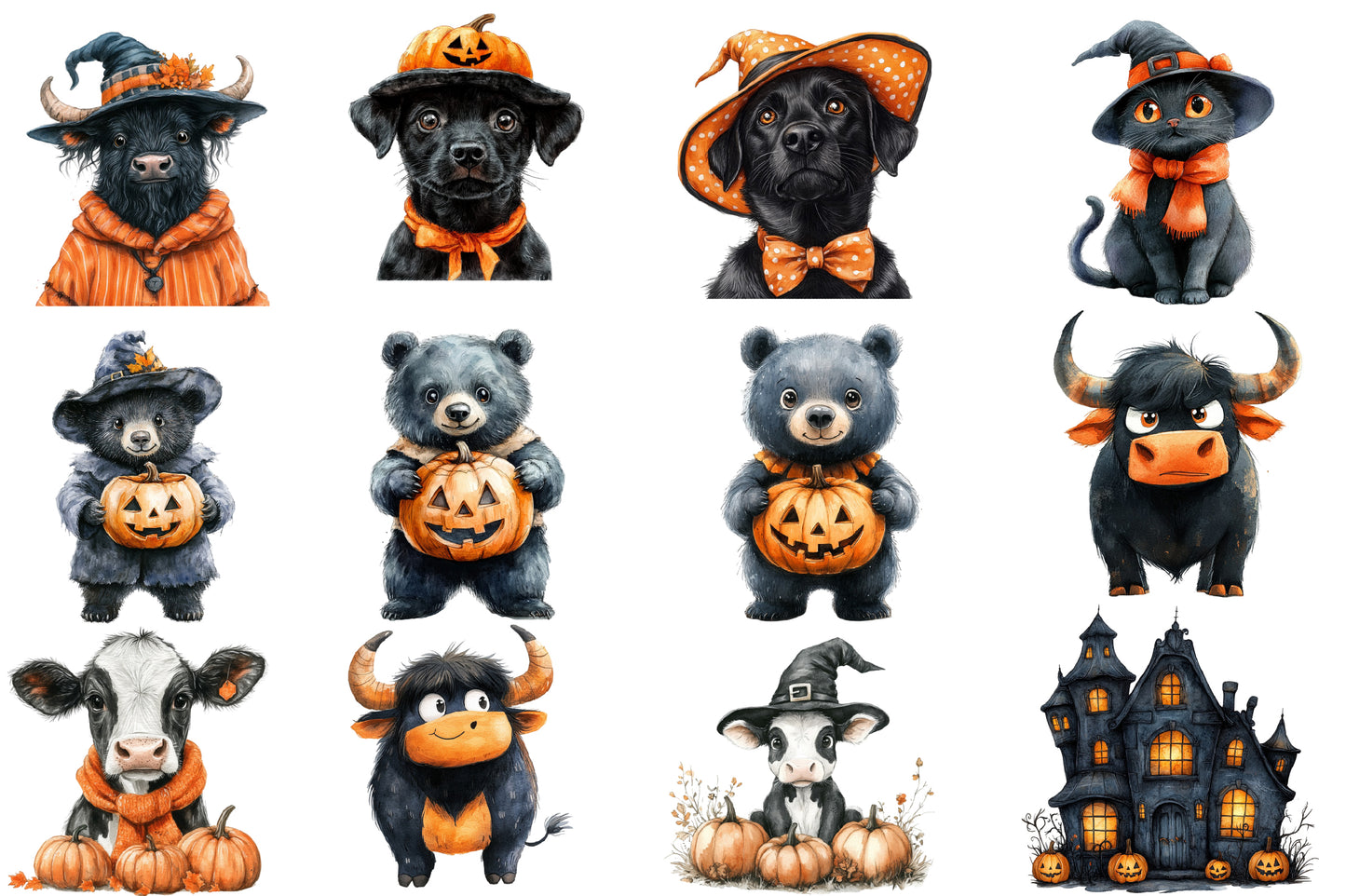 Halloween Animals Clipart PNG Bundle | Cute Spooky Animal PNG, Halloween Watercolor Clipart