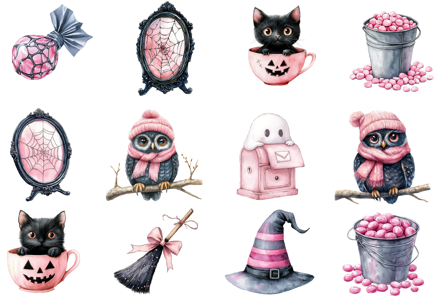 Cute Halloween Clipart PNG Bundle | Pink Halloween PNG, Cute Ghost Cat Owl Clipart