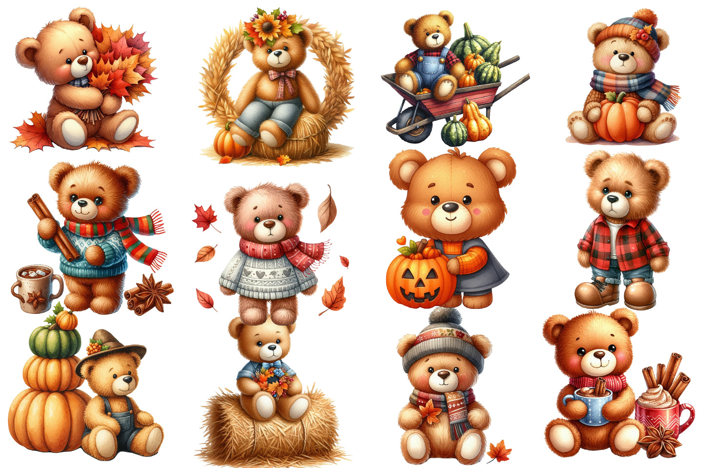 Autumn Teddy Bear Sublimation Clipart PNG Bundle | Watercolor Cozy Fall Teddy Bear Clipart | Rustic Harvest Bear PNG