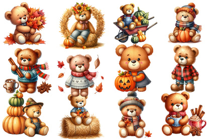 Autumn Teddy Bear Sublimation Clipart PNG Bundle | Watercolor Cozy Fall Teddy Bear Clipart | Rustic Harvest Bear PNG