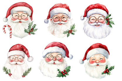 Santa Claus Face Watercolor Clipart PNG Bundle | Christmas Santa Face PNG | Santa Head Sublimation