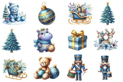 Blue and Gold Christmas Clipart PNG Bundle | Luxury Watercolor Holiday Clipart | Elegant Blue Gold Christmas PNG