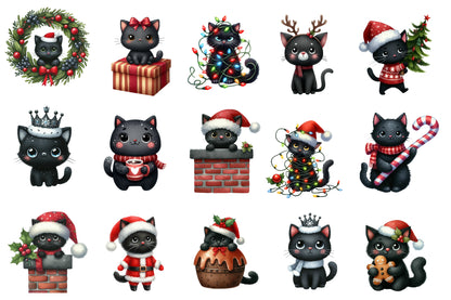 Christmas Black Cat Clipart PNG Bundle | Cute Black Cat Christmas PNG | Black Cat Christmas Sublimation