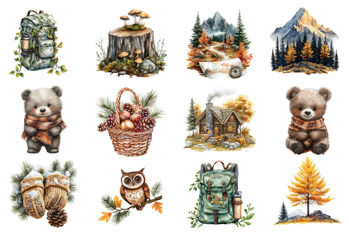 Watercolor Alpine Autumn Clipart PNG Bundle | Mountain Fall Landscape, Cozy Cabin, Pine Trees, Deer & Autumn Forest PNG