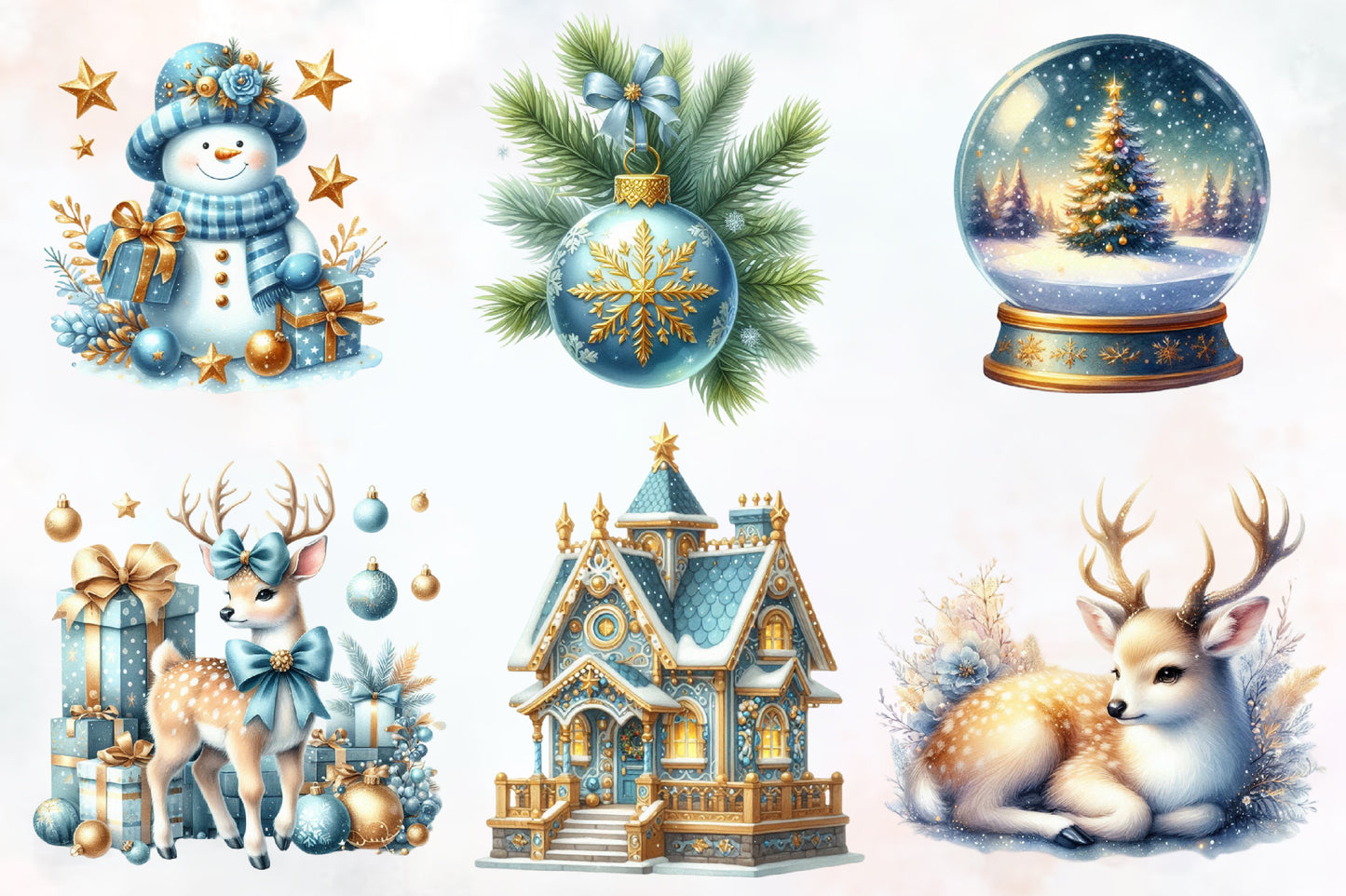 Christmas Light Blue Gold PNG Bundle Elegant Winter Holiday Clipart