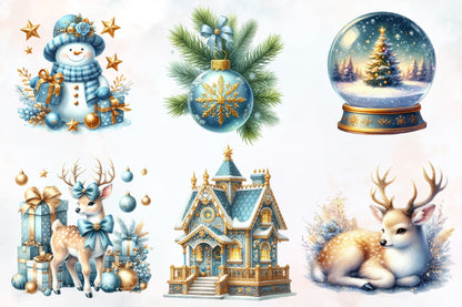 Christmas Light Blue Gold PNG Bundle Elegant Winter Holiday Clipart