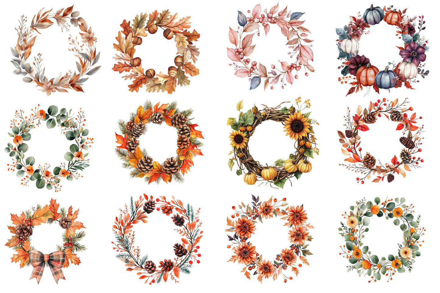 Autumn Wreath PNG Bundle | Fall Floral Wreath Clipart | 36 Watercolor Thanksgiving Wreaths Commercial Use